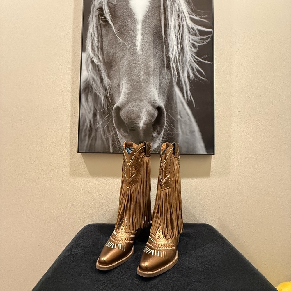 Gypsy Studded Fringe Metallic Snip Toe Cowboy Boots